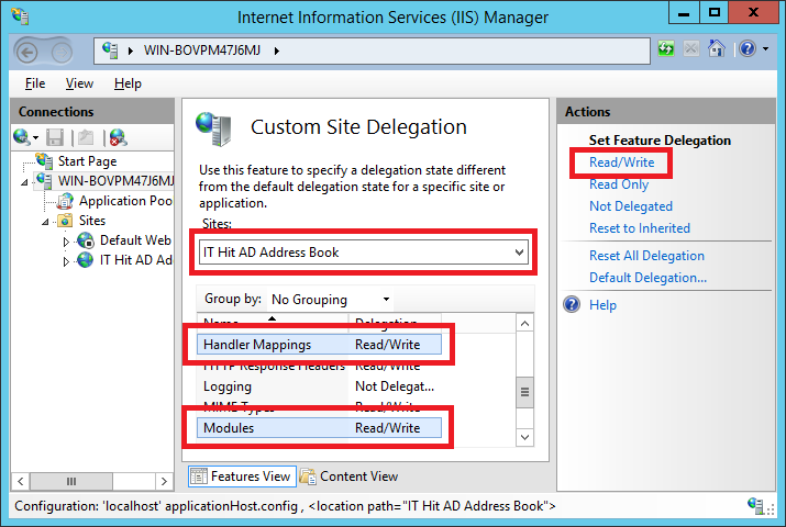 Enable Handler Mappings and Modules Read/Write for your CardDAV Server website