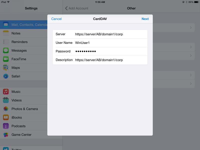 In the Server field provide the URL of your Active Directory CardDAV address book. Provide your domain credentials.