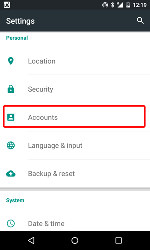 On Android open Settings and select Accounts option.