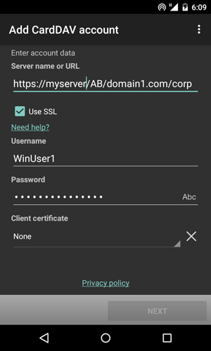 Provide complete CardDAV address book URL in the Server name or URL field. Specify your windows domain credentials in the Username and Password fields.