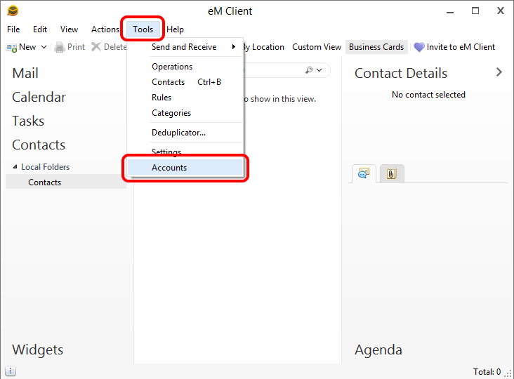 in eM Client select Tools -> Accounts in main drop down menu.