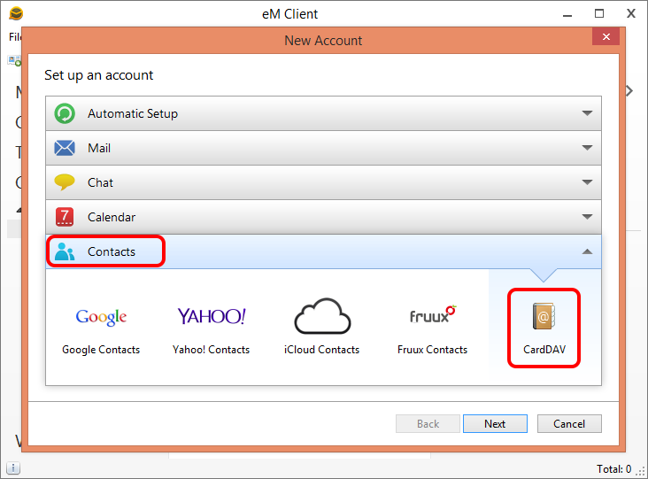 in New Account dialog in eM Client select Contacts -> CardDAV.