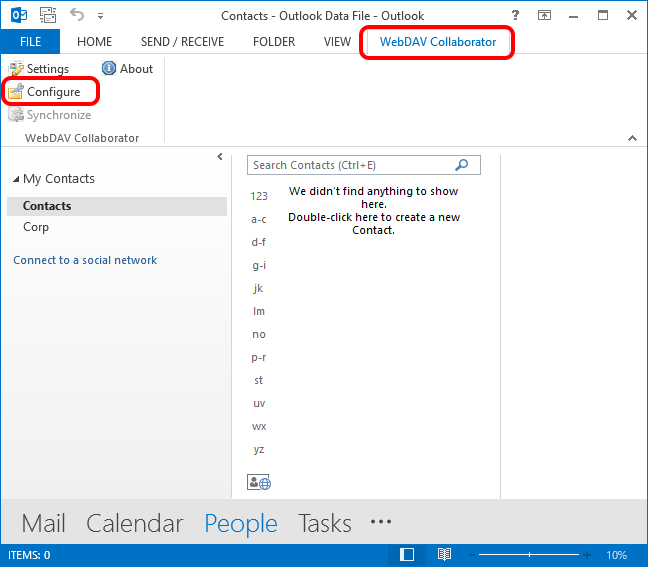 In Microsoft Outlook go WebDAV Collaborator tab and select Configure.