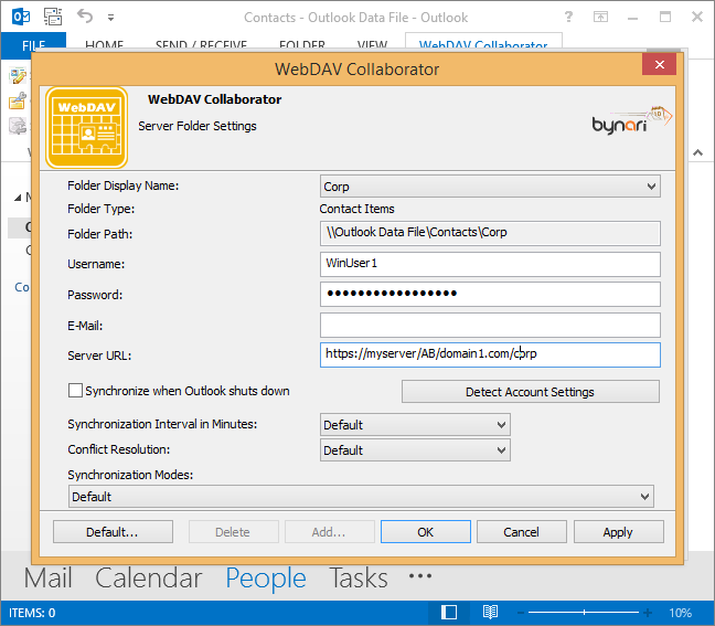 Specify the complete CardDAV address book URL in the Server URL field. In the Username and Password fields provide your windows domain credentials.