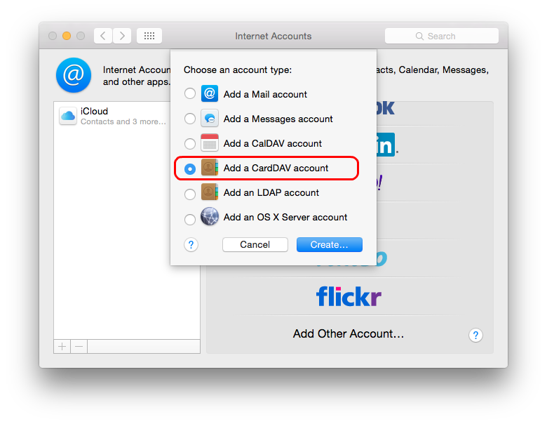 In the Choose an account type dialog select Add CardDAV account option.